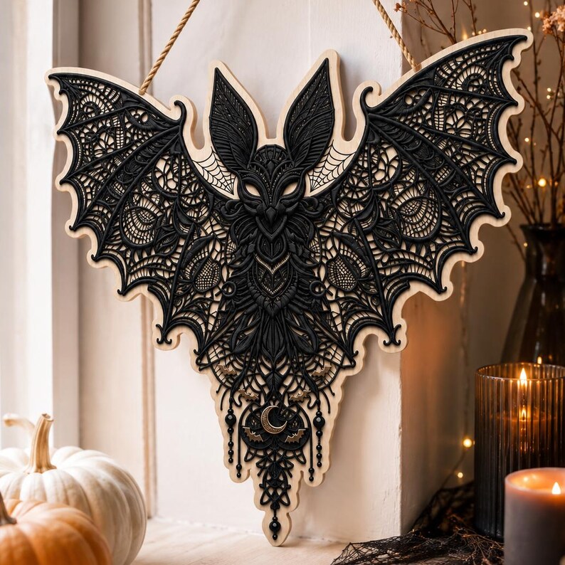 Gothic Bat Door Hanger, Halloween Wooden Sign, Spooky Bat Wall Decor, Witchy Home Decor, Gothic Halloween Decor, Front Door Decoration