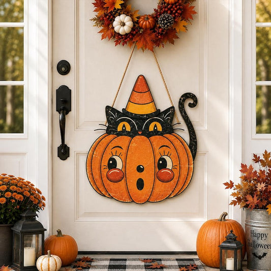 Vintage Halloween Wood Sign, Retro Black Cat Pumpkin Ghost Decor, Spooky Party Door Hanger, Cute Halloween Wall Art, Fall Porch Decor