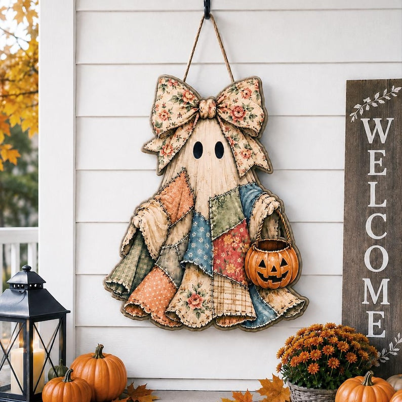 Patchwork Ghost Halloween Door Hanger, Personalized Floral Bow Ghost Wood Sign, Pumpkin Trick or Treat Door Decor, Rustic Fall Porch Sign