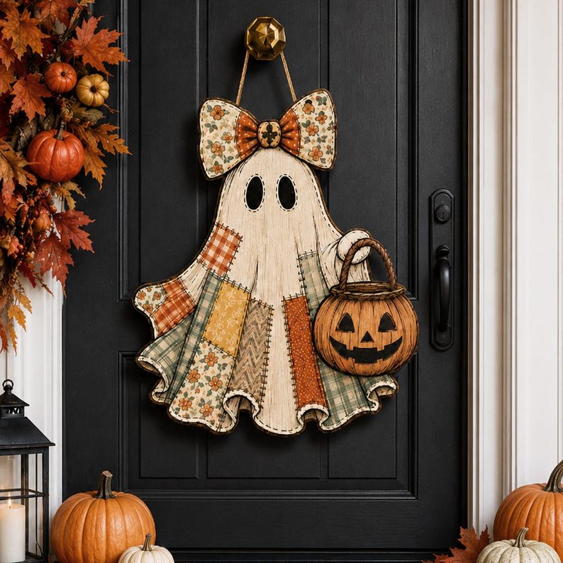 Patchwork Ghost Halloween Door Hanger, Personalized Floral Bow Ghost Wood Sign, Pumpkin Trick or Treat Door Decor, Rustic Fall Porch Sign