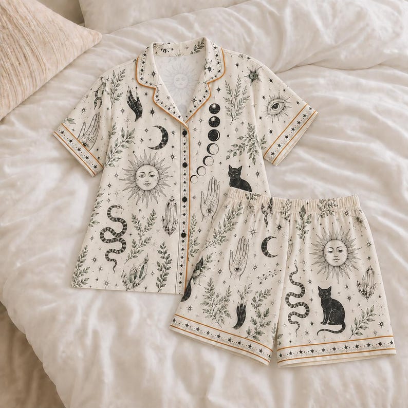 Witchy Pajama Set for Women, Celestial Occult Print Satin PJs, Black Cat Moon Sleepwear, Mystic Gothic Lounge Set Gift