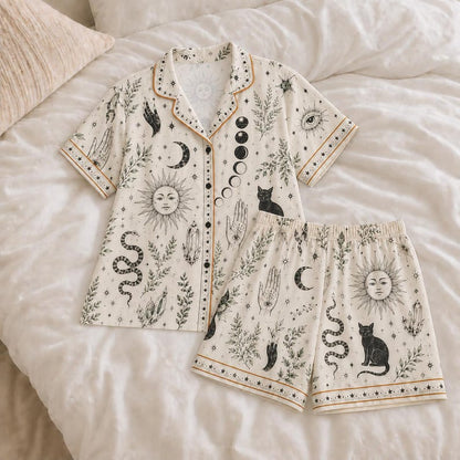 Witchy Pajama Set for Women, Celestial Occult Print Satin PJs, Black Cat Moon Sleepwear, Mystic Gothic Lounge Set Gift