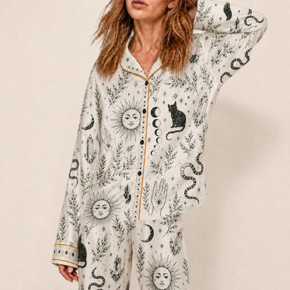 Witchy Pajama Set for Women, Celestial Occult Print Satin PJs, Black Cat Moon Sleepwear, Mystic Gothic Lounge Set Gift