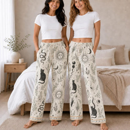 Witchy Pajama Set for Women, Celestial Occult Print Satin PJs, Black Cat Moon Sleepwear, Mystic Gothic Lounge Set Gift