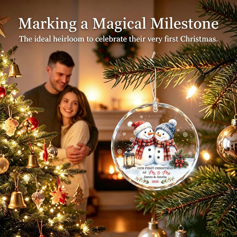 Mr and Mrs Christmas Ornament, Personalized Couple Xmas Ornament, Snowman Couple Bauble, Our First Christmas Married Keepsake, Wedding Gift