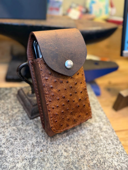 Ostrich Leather Phone Case for Belt, Handmade Full Grain, Made in USA