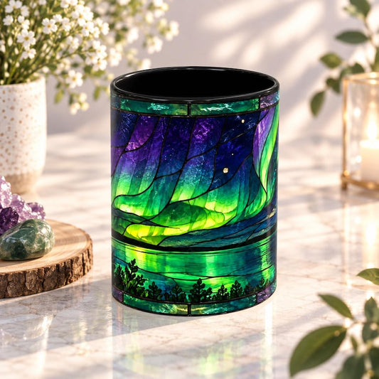Aurora Borealis Stained Glass Mug, Nordic Landscape Coffee Cup, Lapland Gift