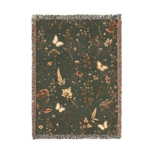 Vintage Botanical Woven Blanket Dark Green Butterfly Throw Autumn Cottagecore Decor Floral Tapestry Earth Tones Cozy Fall Home Gift