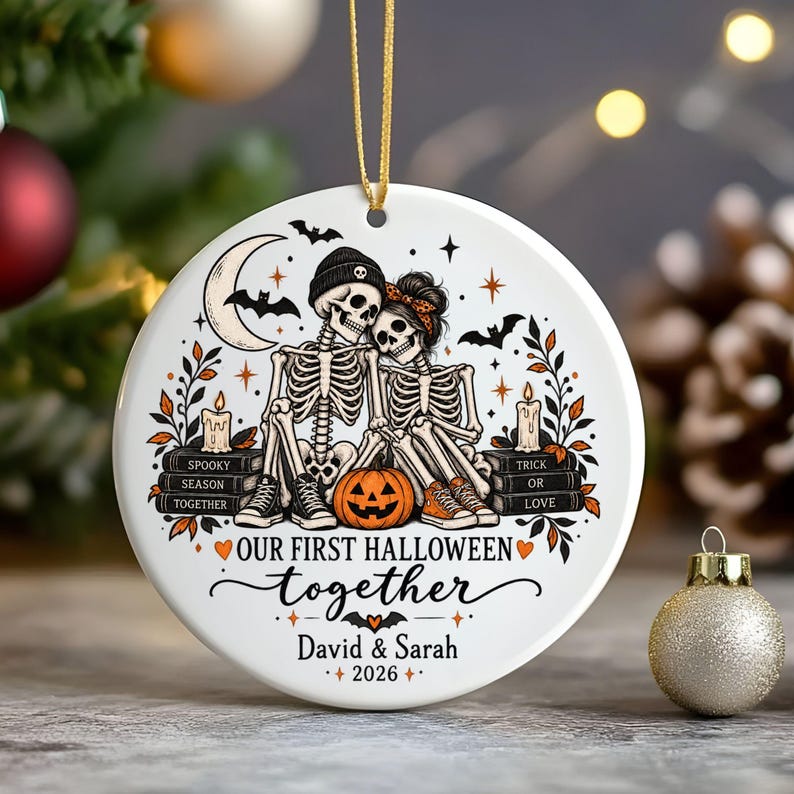 Personalized First Halloween Couple Ornament, Spooky Skeleton Keepsake Gift