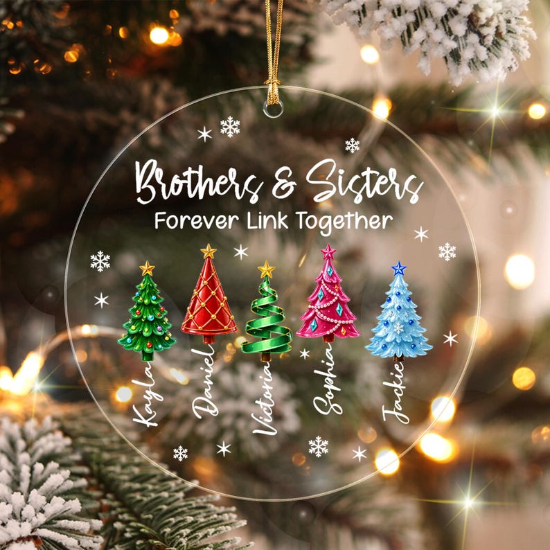 Personalized Brother & Sisters Siblings Christmas Tree Circle Glass Ornament
