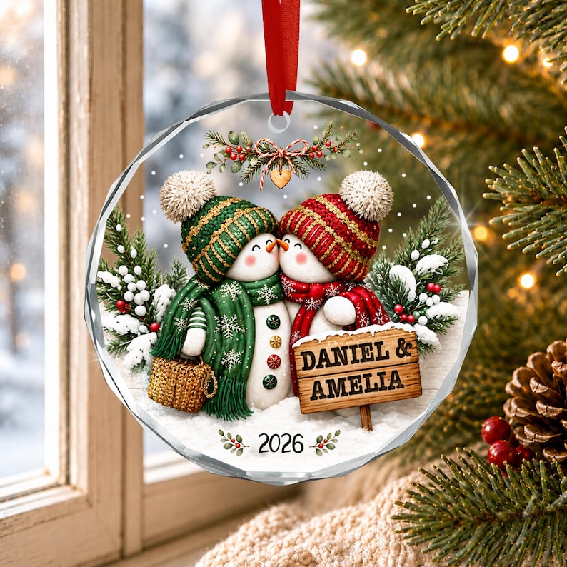 Personalized Couple Christmas Glass Ornament, Snowman Kissing Keepsake