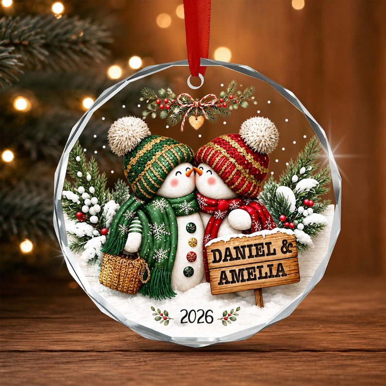 Personalized Couple Christmas Glass Ornament, Snowman Kissing Keepsake