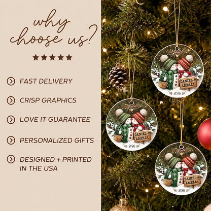 Personalized Couple Christmas Glass Ornament, Snowman Kissing Keepsake