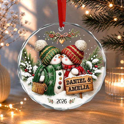 Personalized Couple Christmas Glass Ornament, Snowman Kissing Keepsake