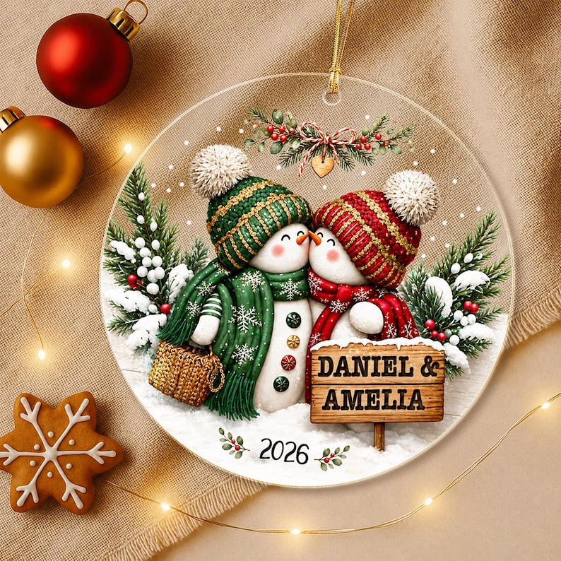 Personalized Couple Christmas Glass Ornament, Snowman Kissing Keepsake