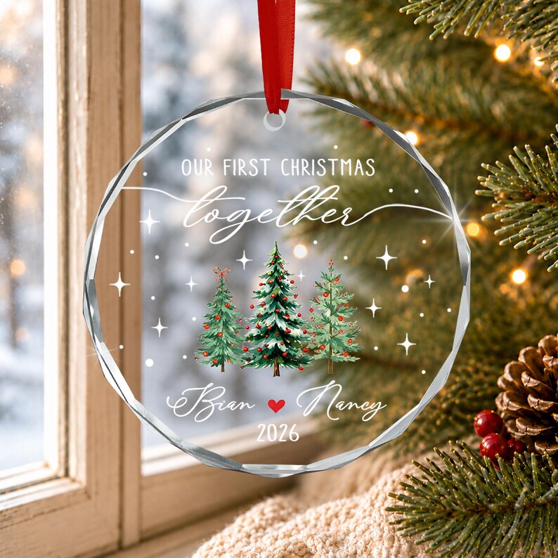 Personalized Our First Christmas Together Keepsake, Custom Couple Name Xmas Tree Glass Ornament