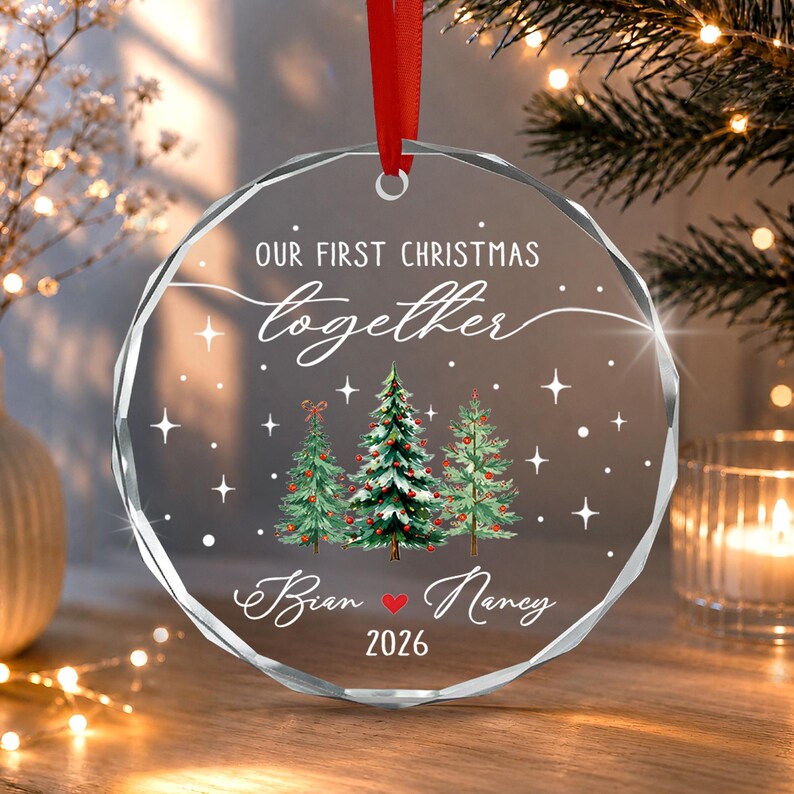 Personalized Our First Christmas Together Keepsake, Custom Couple Name Xmas Tree Glass Ornament