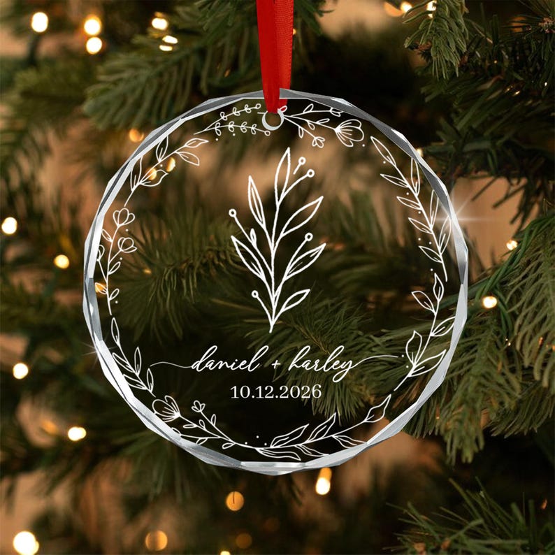 Personalized Christmas Together Keepsake Minialist Floral Circle Glass Ornament