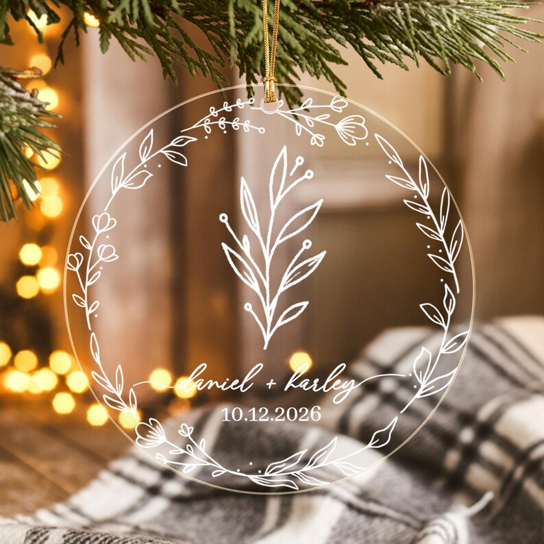 Personalized Christmas Together Keepsake Minialist Floral Circle Glass Ornament