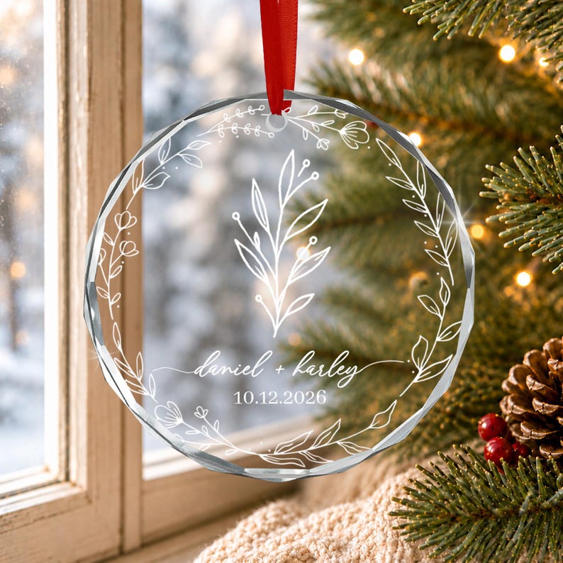 Personalized Christmas Together Keepsake Minialist Floral Circle Glass Ornament