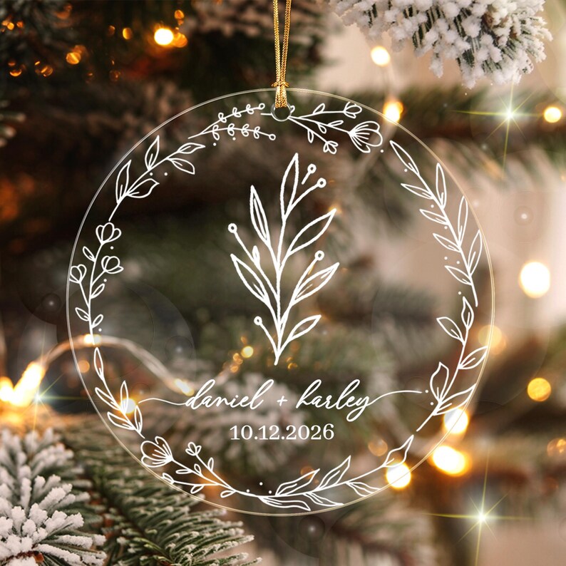 Personalized Christmas Together Keepsake Minialist Floral Circle Glass Ornament