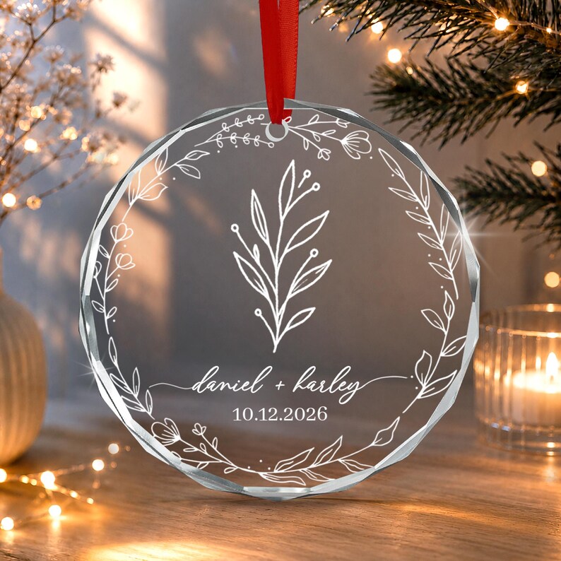 Personalized Christmas Together Keepsake Minialist Floral Circle Glass Ornament