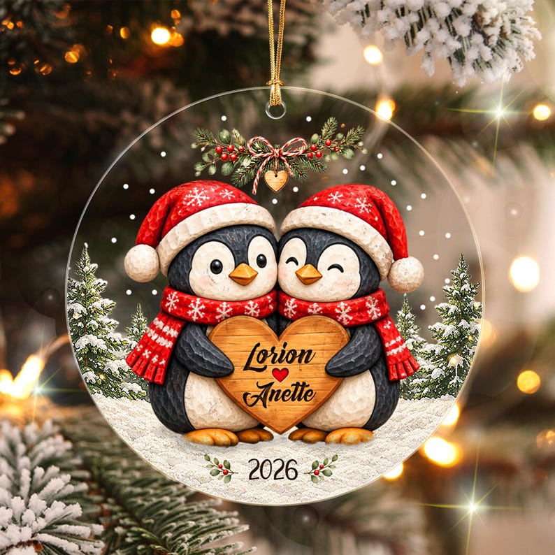 Personalized Christmas Together Keepsake, Custom Penguin Couple Name Circle Glass Ornament