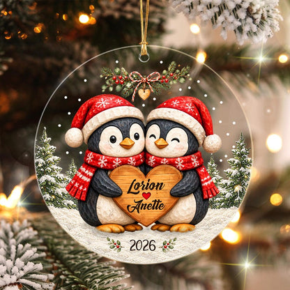 Personalized Christmas Together Keepsake, Custom Penguin Couple Name Circle Glass Ornament