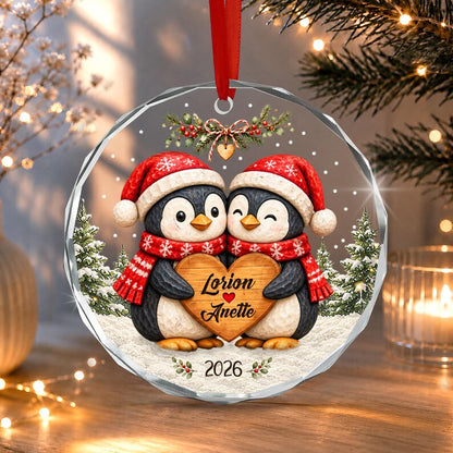 Personalized Christmas Together Keepsake, Custom Penguin Couple Name Circle Glass Ornament