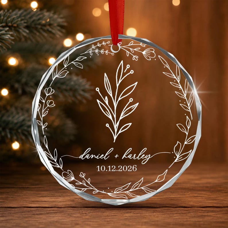 Personalized Christmas Together Keepsake Minialist Floral Circle Glass Ornament