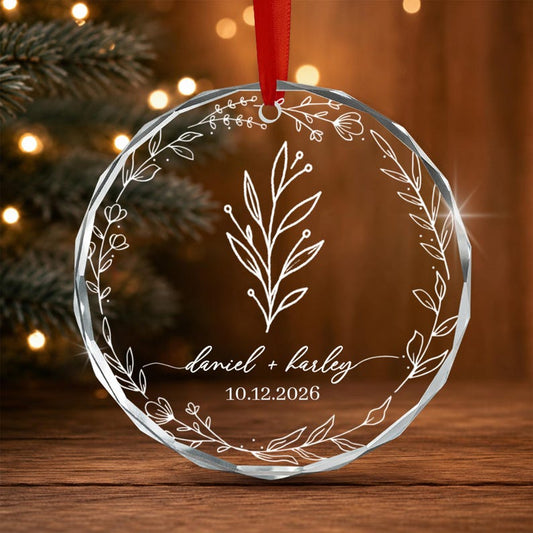 Personalized Christmas Together Keepsake Minialist Floral Circle Glass Ornament