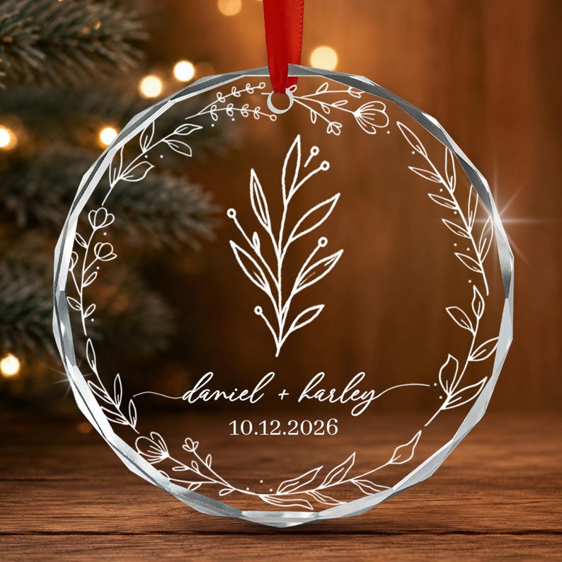 Personalized Christmas Together Keepsake Minialist Floral Circle Glass Ornament