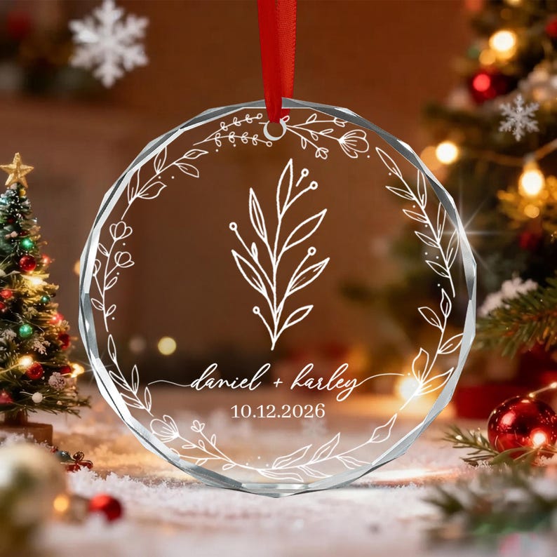 Personalized Christmas Together Keepsake Minialist Floral Circle Glass Ornament