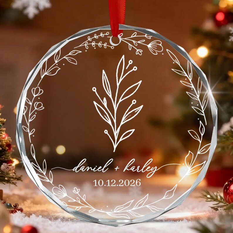 Personalized Christmas Together Keepsake Minialist Floral Circle Glass Ornament