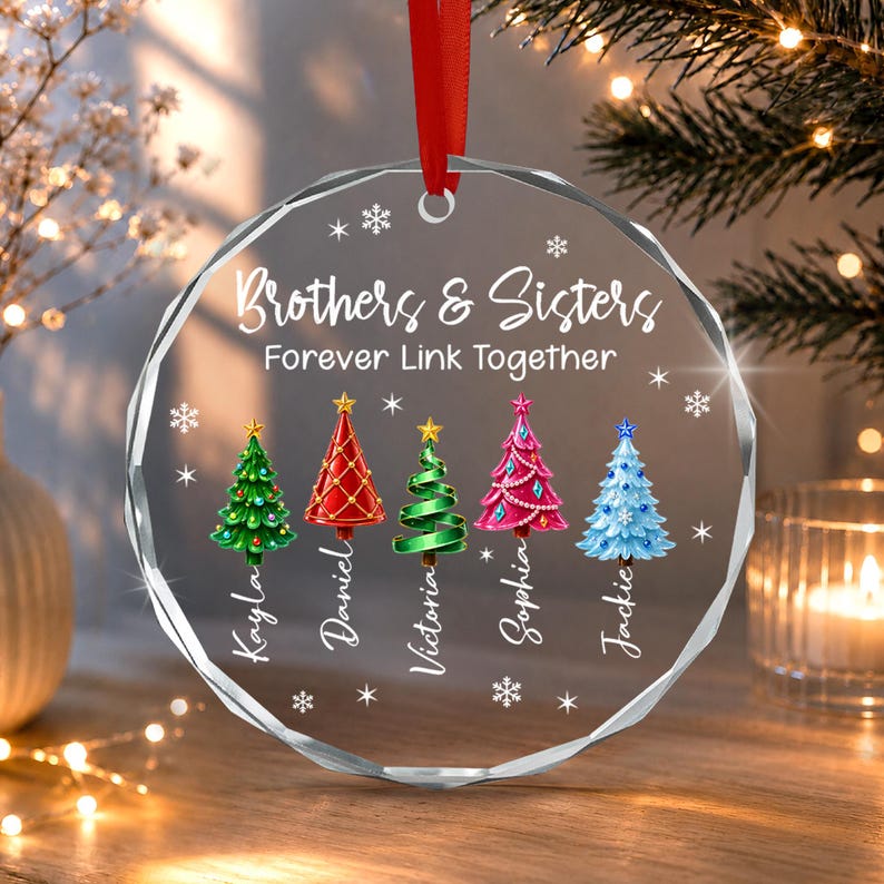 Personalized Brother & Sisters Siblings Christmas Tree Circle Glass Ornament