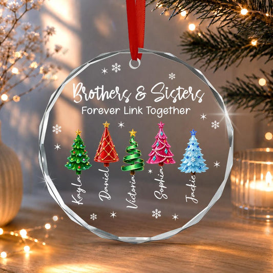 Personalized Brother & Sisters Siblings Christmas Tree Circle Glass Ornament