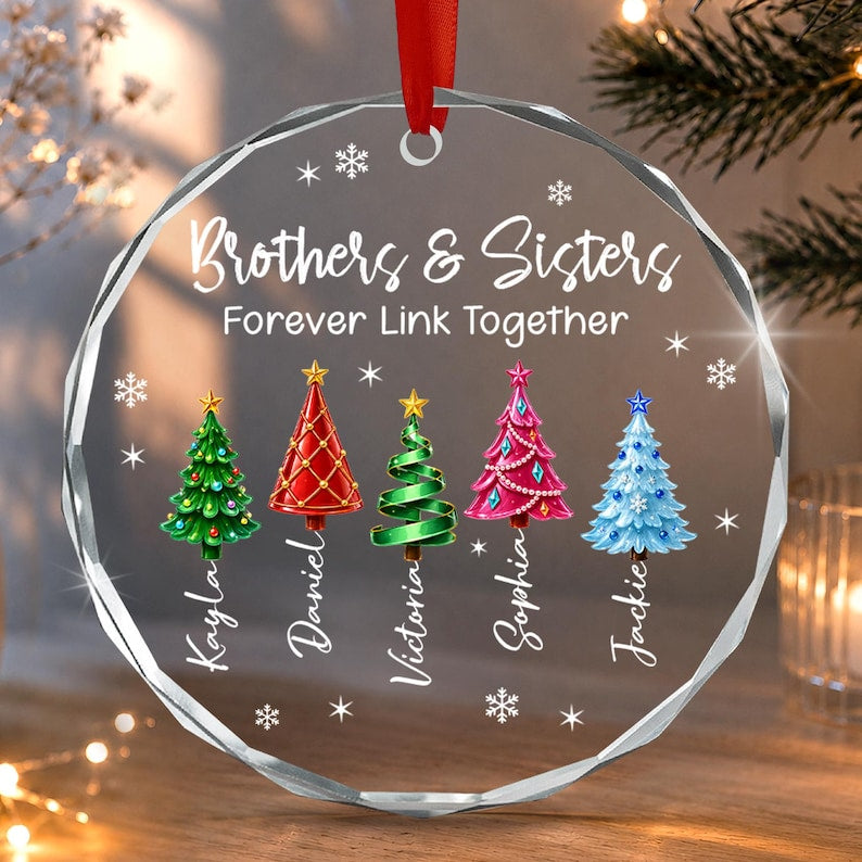 Personalized Brother & Sisters Siblings Christmas Tree Circle Glass Ornament