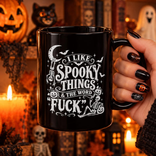 I Like Spooky Things & The Word Fuck Mug. Halloween Black Coffee Ceramic Cup,  (11oz, 15oz)