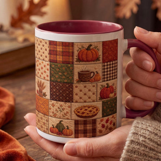 Thanksgiving Faux Patchwork Mug, Turkey Pumpkin Quilt Print Mug, Cozy Fall Harvest Coffee Mug, Rustic Farmhouse Thanksgiving Gift