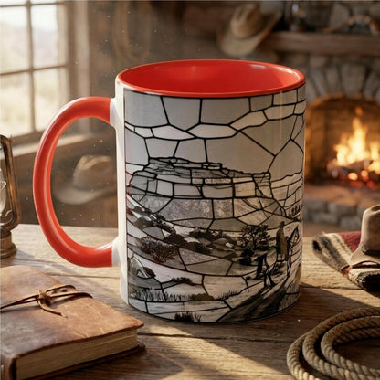 Western Sunset Mug, Cowboy Stained Glass Mug, Rustic Desert Coffee Mug, Southwestern Horse Rider Gift, Monochrome Landscape Mug