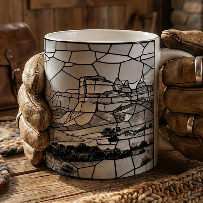 Western Sunset Mug, Cowboy Stained Glass Mug, Rustic Desert Coffee Mug, Southwestern Horse Rider Gift, Monochrome Landscape Mug