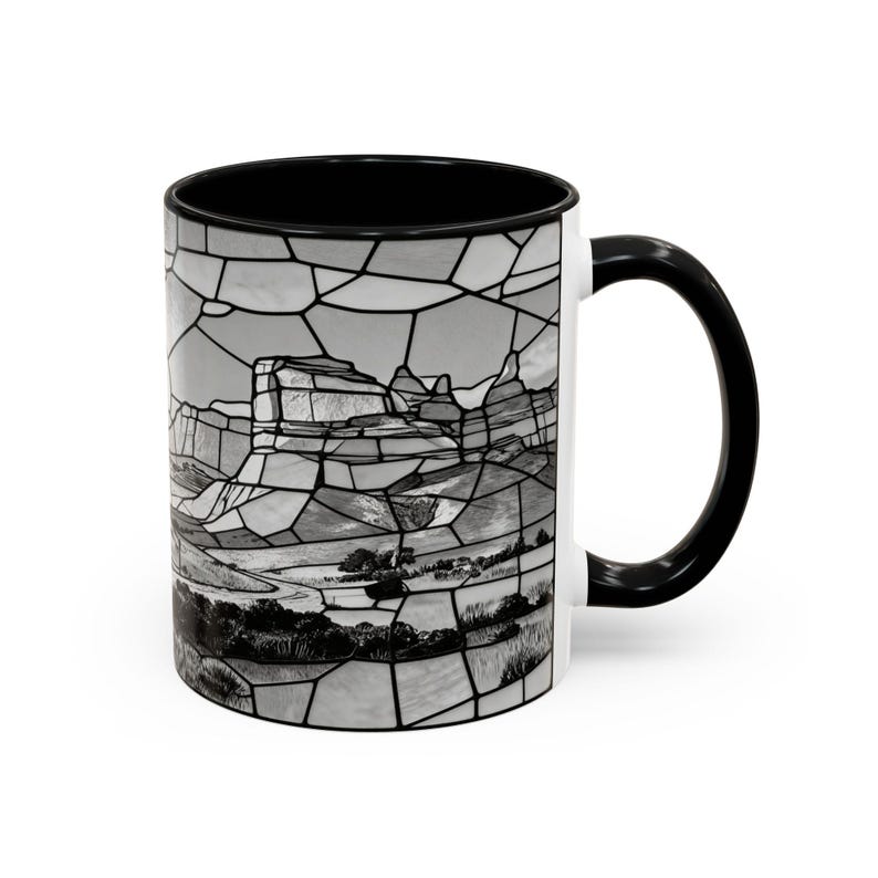 Western Sunset Mug, Cowboy Stained Glass Mug, Rustic Desert Coffee Mug, Southwestern Horse Rider Gift, Monochrome Landscape Mug