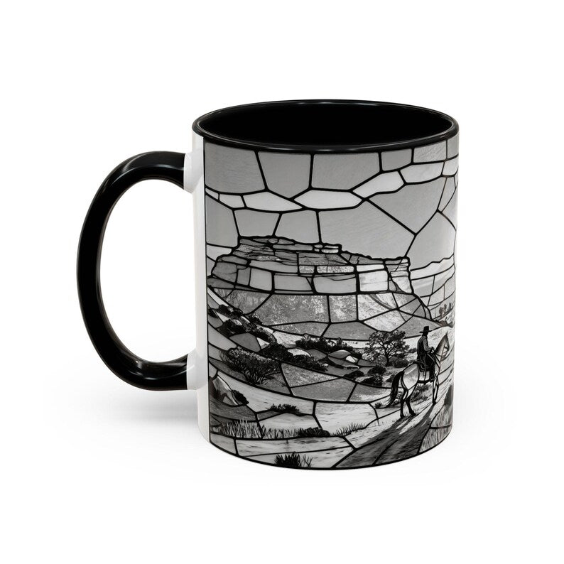 Western Sunset Mug, Cowboy Stained Glass Mug, Rustic Desert Coffee Mug, Southwestern Horse Rider Gift, Monochrome Landscape Mug