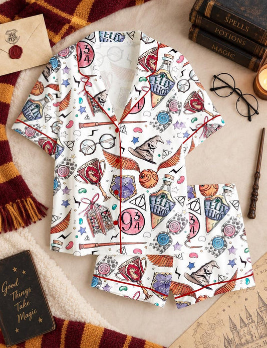 Women's Wizard School Inspired Satin Pajama Set, Long Sleeve Magic Academy Sleepwear