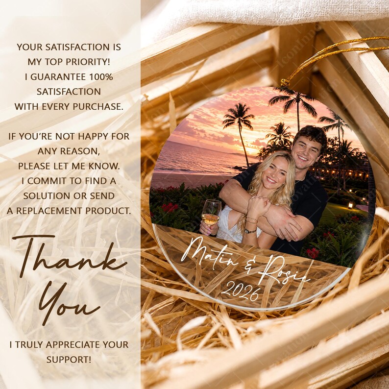Personalized Couple Photo Ornament, Custom Name and Year Glass Keepsake