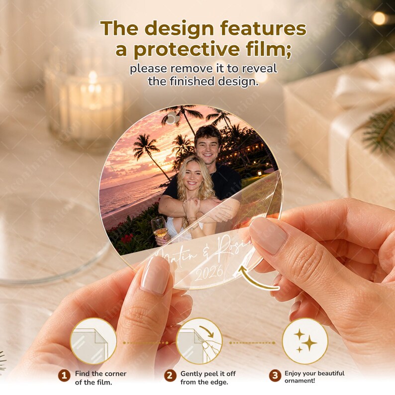 Personalized Couple Photo Ornament, Custom Name and Year Glass Keepsake
