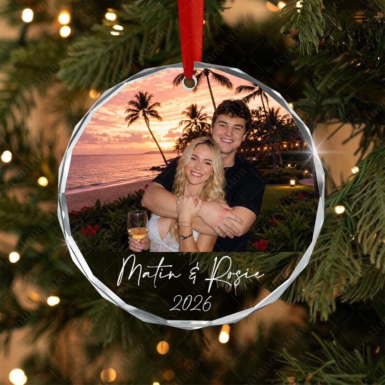 Personalized Couple Photo Ornament, Custom Name and Year Glass Keepsake