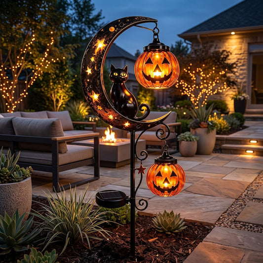 Halloween Black Cat Moon Garden Stake Light, Solar Metal Pumpkin Yard Sign (33.5" Tall)