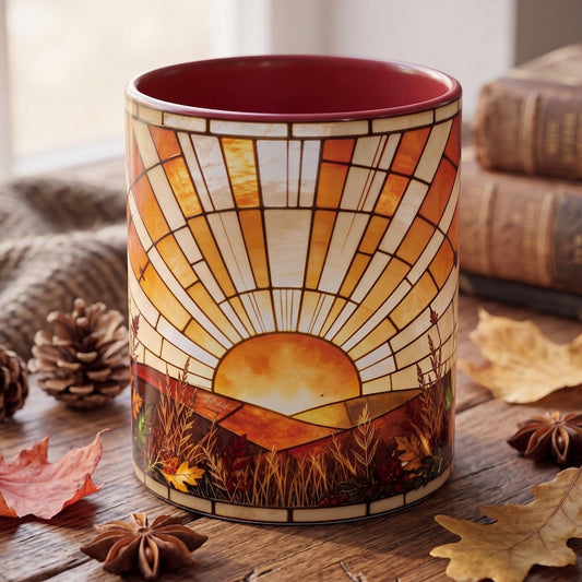 Stained Glass Sunrise Mug, Fall Pumpkin Coffee Mug, Autumn Sunflower Mug, Cozy Fall Accent Mug, Thanksgiving Gift Mug