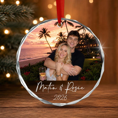 Personalized Couple Photo Ornament, Custom Name and Year Glass Keepsake